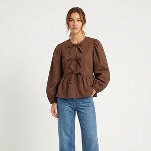 Olivaceous Puff Sleeve Peplum Top 3/4 Length Balloon Sleeve Tie Closure Size S